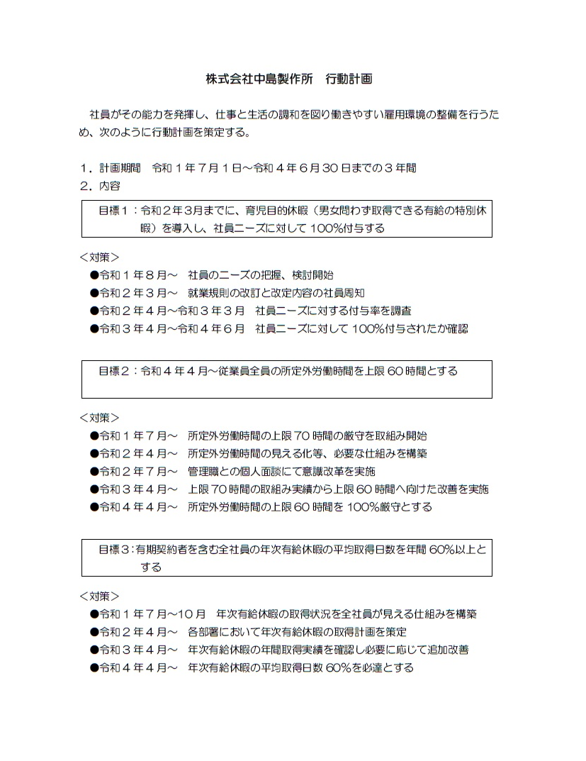 株式会社中島製作所　行動計画